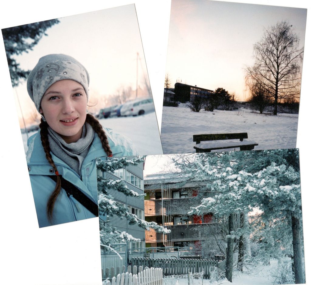 Kolme valokuvaa talvisesta yo-kylästä Turusta. Yhdessä kuva kirjoittaja Katerina, toisessa kuva kävelyreitin varrelta ja kolmannessa kuva yo-kylän kerrostalosta.