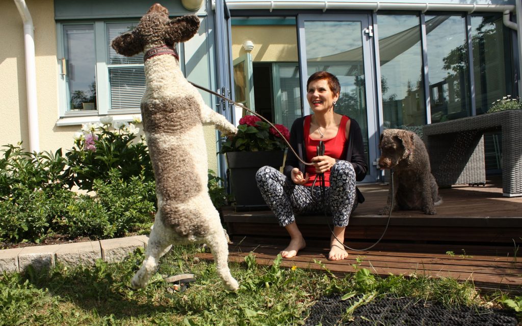 Haastateltava Outi Ruohola istuu talonsa terassilla ja toinen koira hyppää hänen edessään ja toinen istuu vieressä.