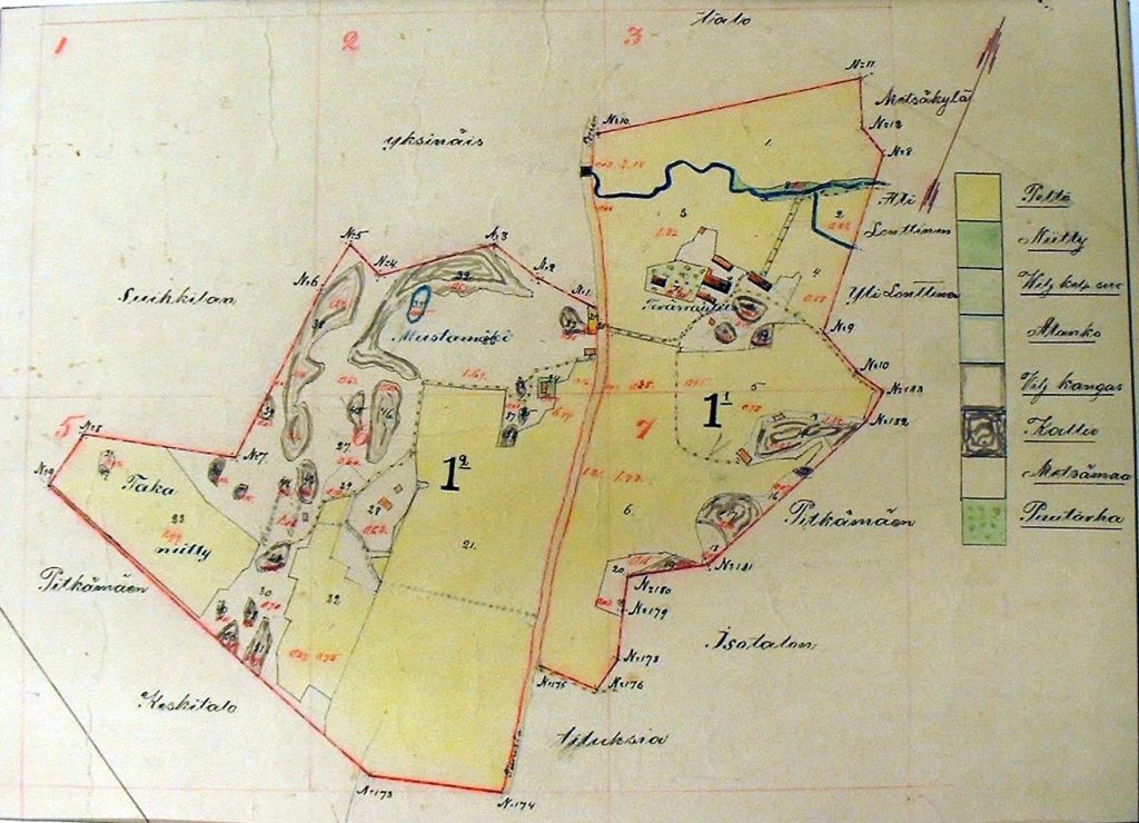 Turun alueen Ruohonpään käsinpiirretty kartta vuodelta 1910.