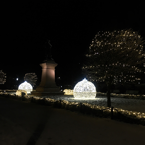 Turun Brahenpuisto, jonka ja pensaissa on tuikut ja pimeää iltaa koristaa myös suuret, valaistut joulupallot. Myös Brahenpuiston patsas näkyy kuvassa.