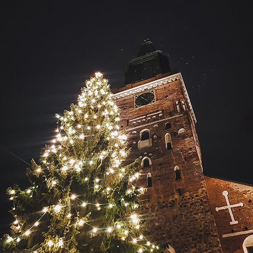 Turun tuomiokirkko ja sen edustalla oleva valaistu joulukuusi pimeässä talviyössä.