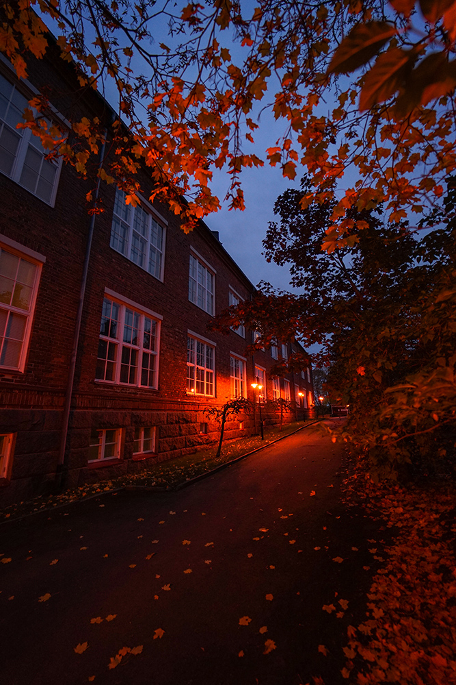 Atmospheric red streetlights on a road in Littoinen in Kaarina next to a brick wall of an old factory building on a late autumn evening.