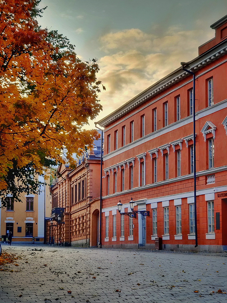 A view from the Old Market Square in Turku where two old buildings create nostalgic atmosphere with their architecture in the autumn.