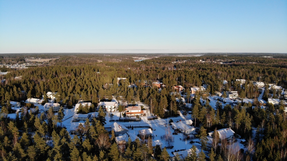 Town houses and a lot of forest in aerial picture of Empo in the island of Kuusisto.