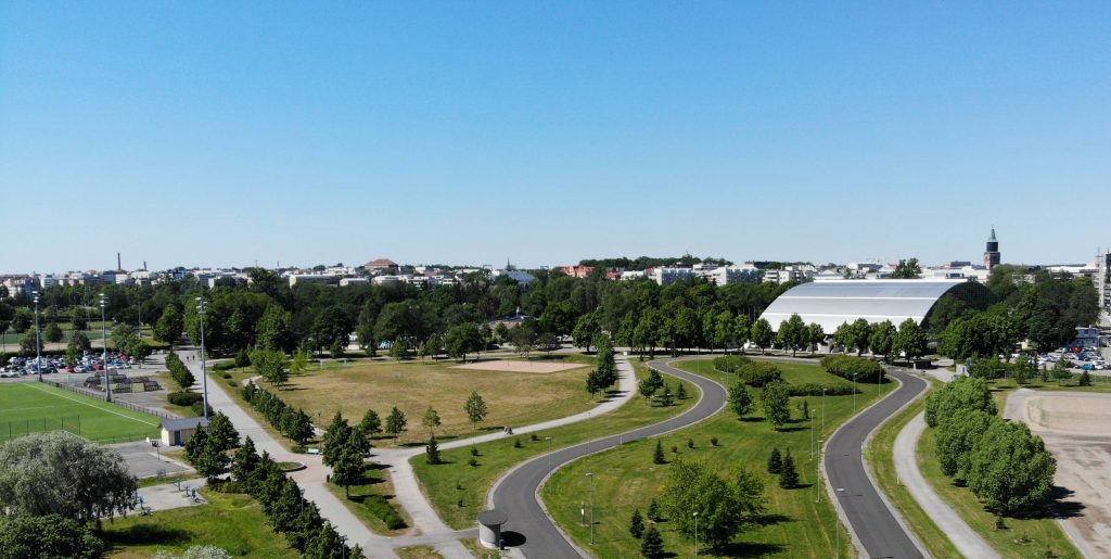 Aerial picture of Kupittaanpuisto or Kupittaa park where you can see all the activities available like Kupittaa Hall. Also the Turku Cathedral can be seen on the background.