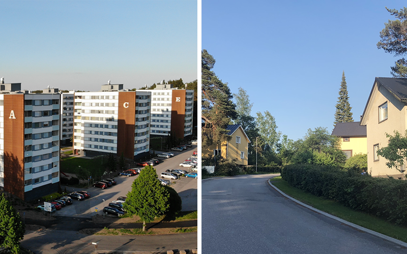 Vasemmalla kerrostaloja Jyrkkälän kerrostalolähiössä Turussa ja oikealla omakotitaloja Turun Pahaniemessä.