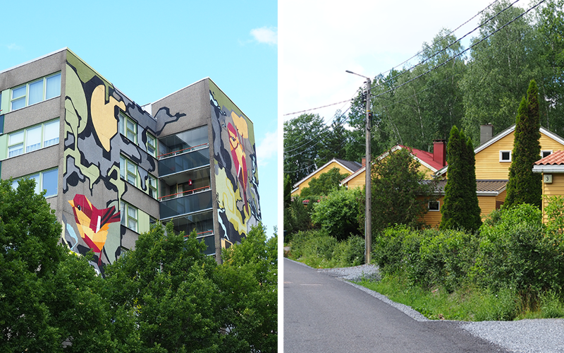 Vasemmalla muraalitalo Turun Pansiossa ja oikealla keltaisia taloja Pansion laivateollisuusalueella