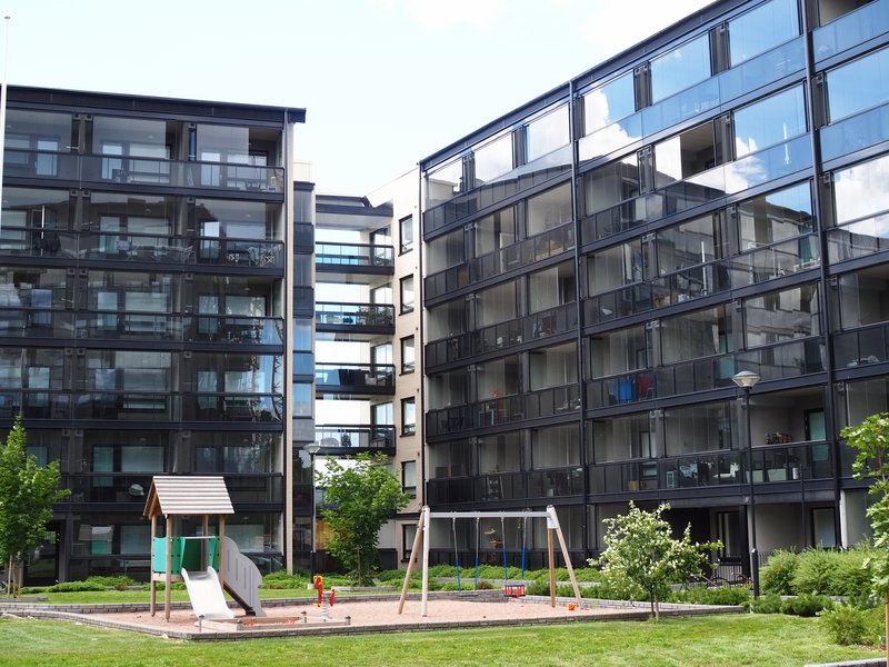 The courtyard of the new apartment buildings and children’s playground in Nummi, Turku.