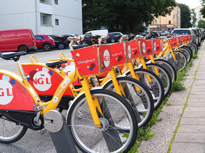 Red-Yellow citybikes at the city bike station in Turku.