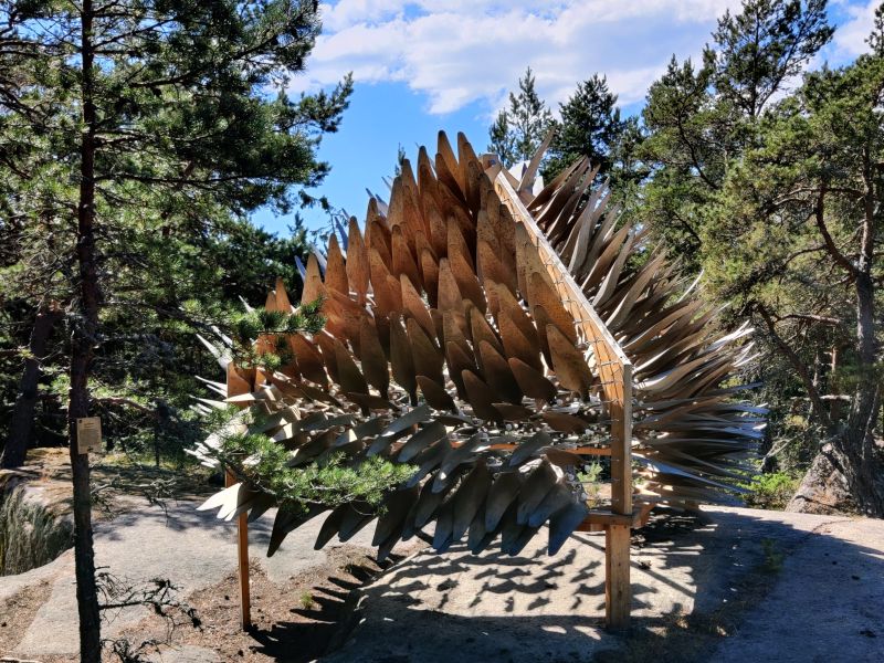 Pictured is a moving work of art made of natural materials Shiver house #2 by Mark Nixon (Neon). 