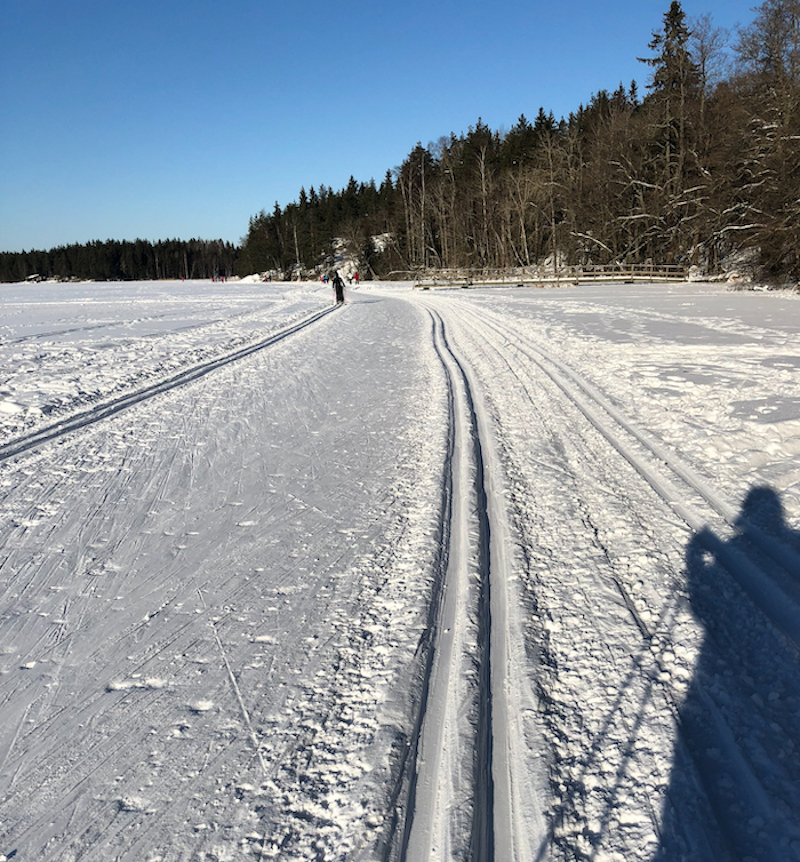 Hiihtolatu Littoistenjärven jäällä.