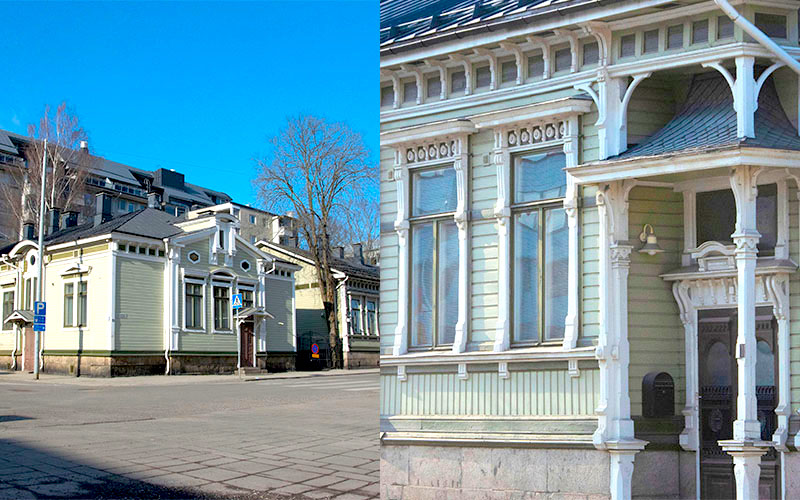 Linnankadun ja Ursininkadun kulmassa puinen talo ja sen koristeellisia yksityiskohtia.