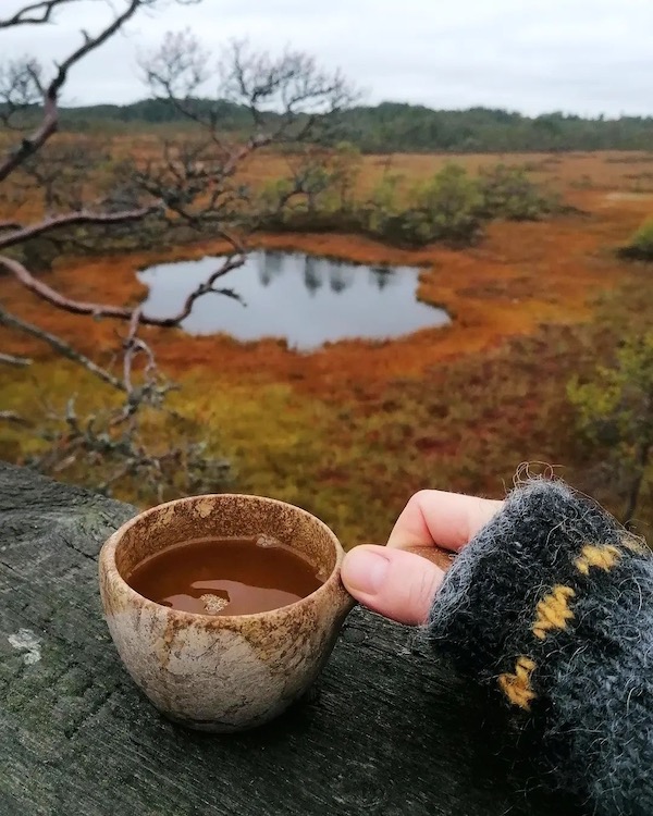 A hand holding a wooden kuksa mug with coffee and a swamp in the background 