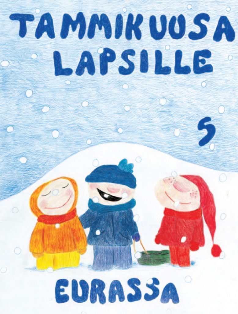Piirretty kuva, jossa kolme hymyilevää lasta seisovat ulkona lumisateessa ja kuvassa on teksti "Tammikuusa lapsille Eurassa"