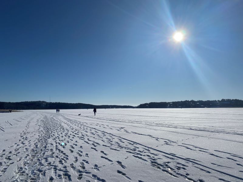 Ihmisiä ja koira kävelemässä lumisen luonnonjään päällä aurinkoisessa säässä.