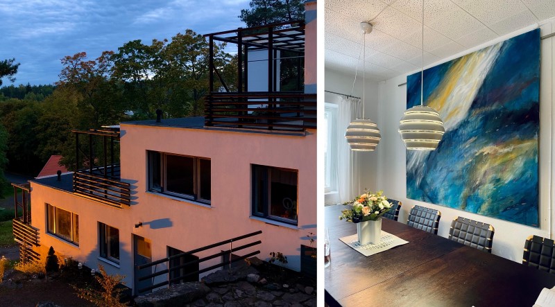 Vasemmalla Alvar Aallon Terassitalo iltahämärässä ja oikealla Artekin kalusteilla sisustettu asunto.