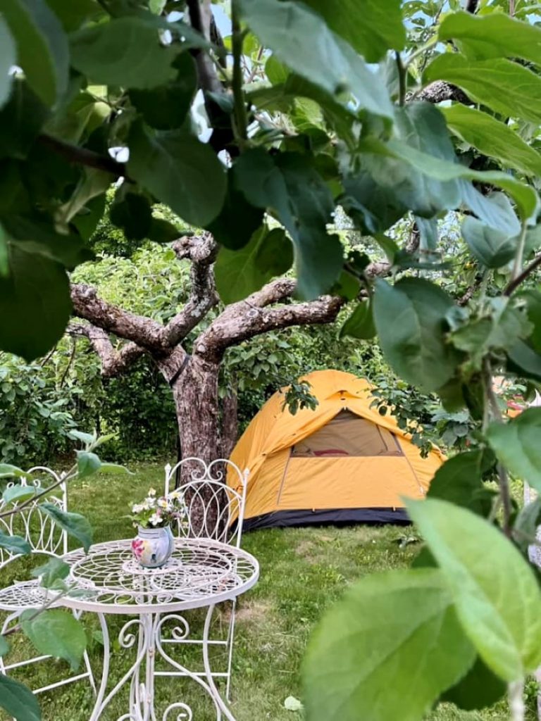 Tent and garden furniture in the colonial garden in summer.